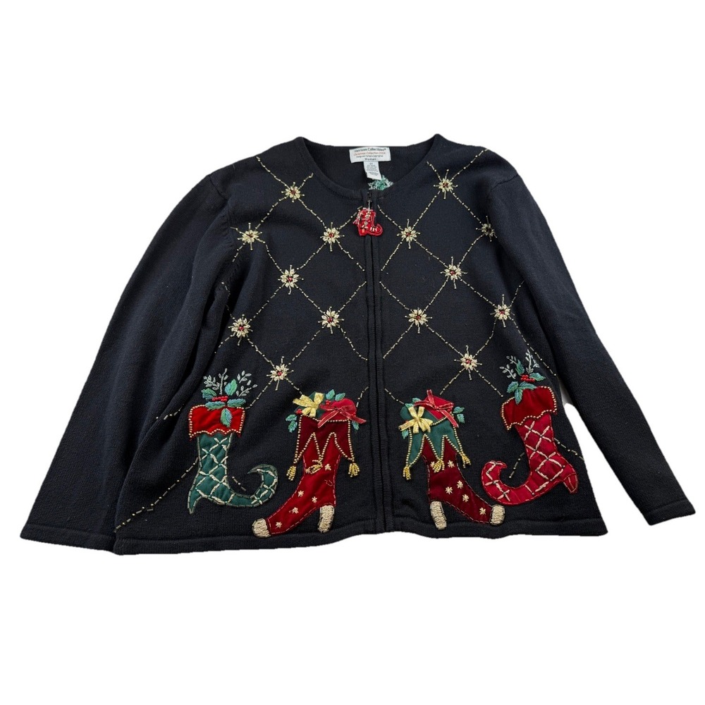 Heirloom Collectibles Women's Holiday Zip Sweater Christmas Stockings Beaded 2X